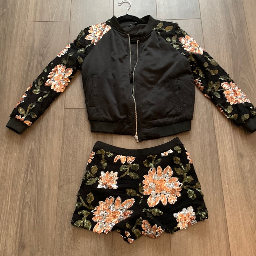 Sequin bomber jacket with matching shorts